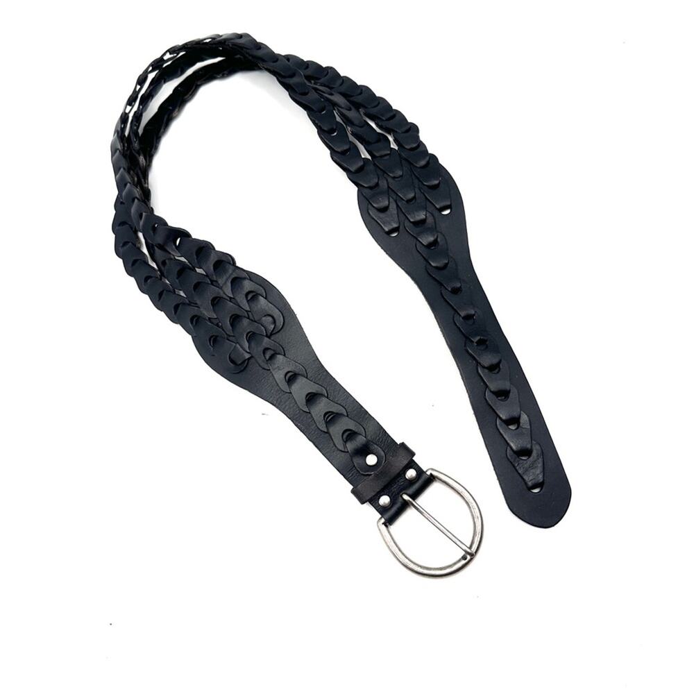 ANOTHER LINE INC black Triple BRAIDED wide BELT Women's Size LARGE silver buckle